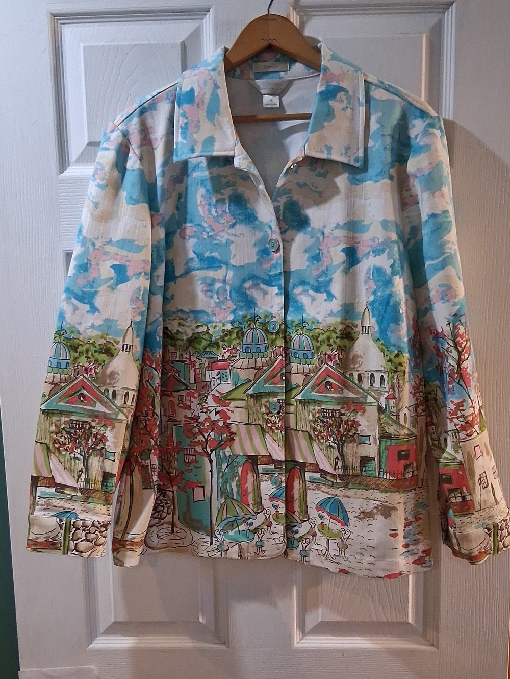 Scenic Print Cotton Blend Button-Up Jacket - Blue/Green